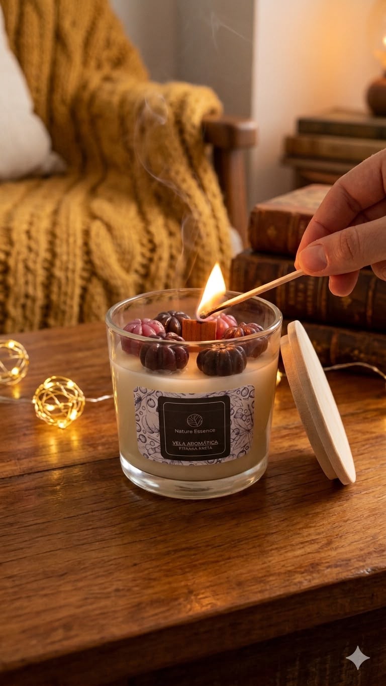 Vela aromática Nature Essence de Pitanga & Pinhão acesa sobre mesa de madeira, com livros e luz quente