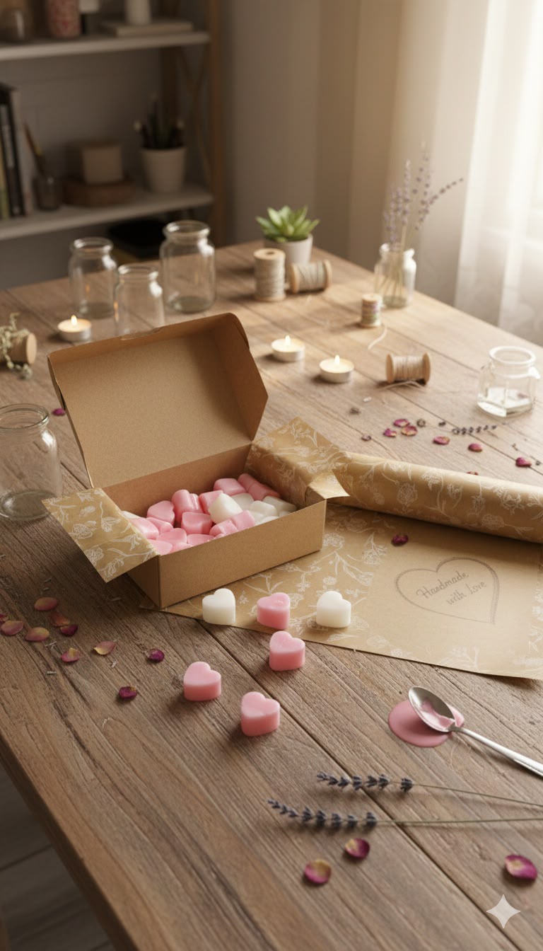 Caixa artesanal com mini corações de cera rosa e branca sobre mesa de madeira