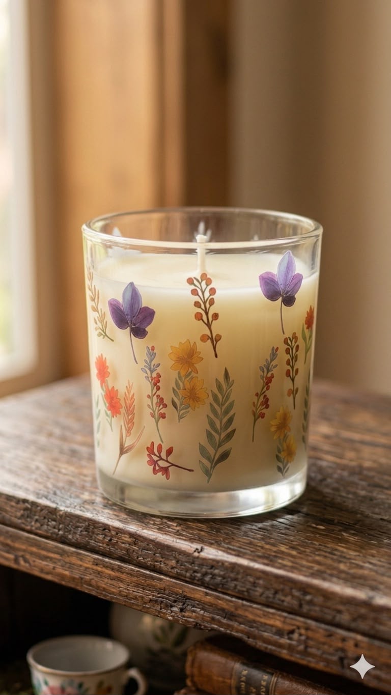 Vela artesanal em vidro transparente decorado com flores silvestres coloridas, sobre mesa de madeira rústica